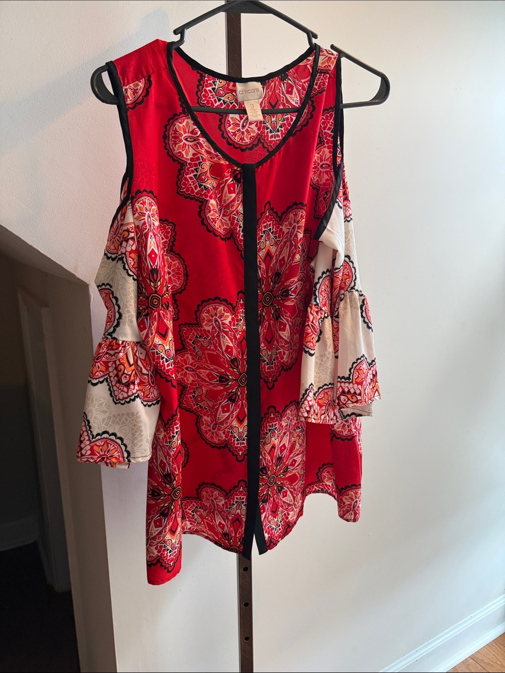 Chico’s Red Floral Cold-Shoulder Blouse